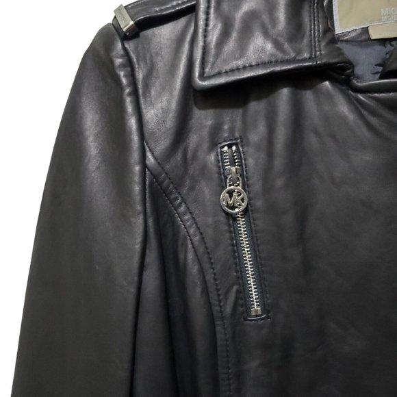 NWT Michael Kors Leather Jacket Moto Black Belt Long Asymmetrical Zip Sz XS READ - Picture 3 of 15